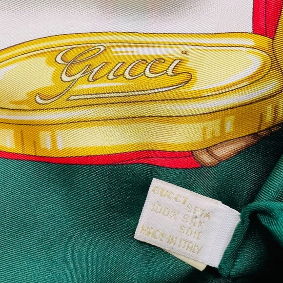 Vintage Gucci 100% Silk Satin Scarf 34" Ivery Green Red Bow Italy Made (45) - Picture 7 of 15
